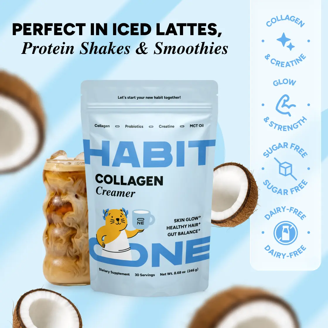 HABIT ONE Collagen Protein Creamer with Probiotics, Creatine & MCT Oil (Coconut) - Dairy Free - Made in USA - 30 Servings Beverage Coffee
