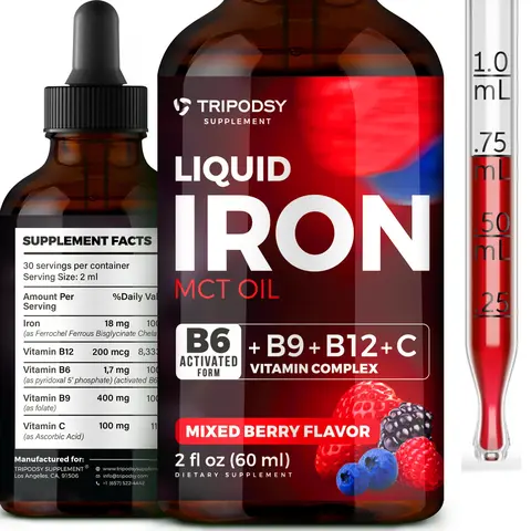 Liquid Iron supplements, Iron Drops, with B6, B9, B12, C, Vitamin Iron for Anemia, Blood Build, MCT Oil, Energy Support Healthcare Fitness Dietary Oxygen Edible Optimum Liquid Iron Vitamins Women Iron Deficiency