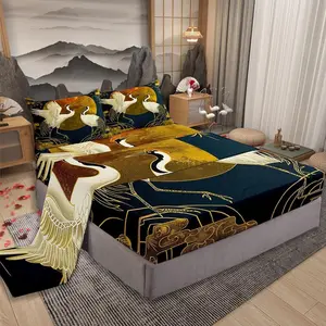 Japanese Crane Bed Sheet,Gold Sun Cloud Stripes Bedding Set,4Pcs,Retro Ukiyoe Leaf Print Fitted Sheet for Adult Women Men Room Decor,Wild Animals Top Flat Sheet