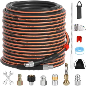 100FT Sewer Jetter Kit for  Washer, 1/4" NPT Corner Drain er Hose 5800 PSI with Sewer Jetting Nozzles,  Corsage Pin,  Tape, Extension Cord Organizer&2 Spanner