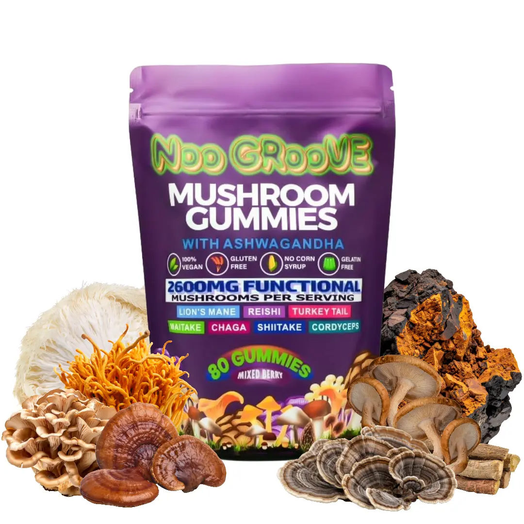Noo Groove Natural Organic Functional Mushroom Gummies with Ashwagandha, Lion's Mane, Reishi, Turkey Tail - 2600mg, 80-Count, Vegan, Gluten Free Berry Flavor Sleep Aid Booster for Adults, Mushrooms