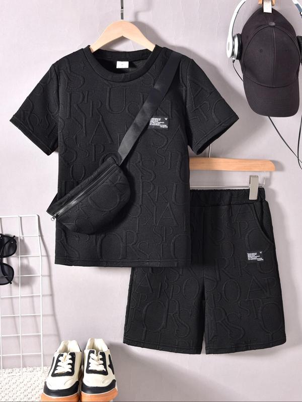 Three-piece Set Boy's Letter Pattern Co-ord Set, Casual Short Sleeve T-shirt & Shorts & Crossbody Bag, Summer Clothes for Kids
