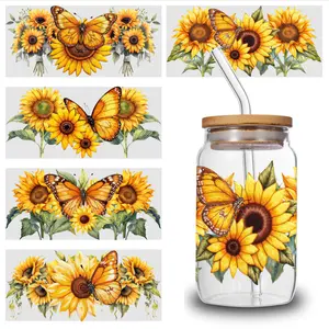 5 Sheets Sunflower Butterfly UV DTF Stickers UV DTF 16oz Libbey Cup Wraps - Waterproof, Scratch-Resistant DIY Decals with 3D Crystal Effect, Self-Adhesive Transfer Paper for Cup Decoration, Floral & Bird Design