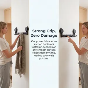 Damage Free Renter Friendly No Drill 5-Hook Wall Rack, Super Strong Adhesive No Falling Hanger, Waterproof Rustproof Heavy Duty Hook for Towel Coat Bag, No Screws Easy Install for Bathroom Kitchen Entryway, Wall Organizer for Smooth Tile Glass Surfaces