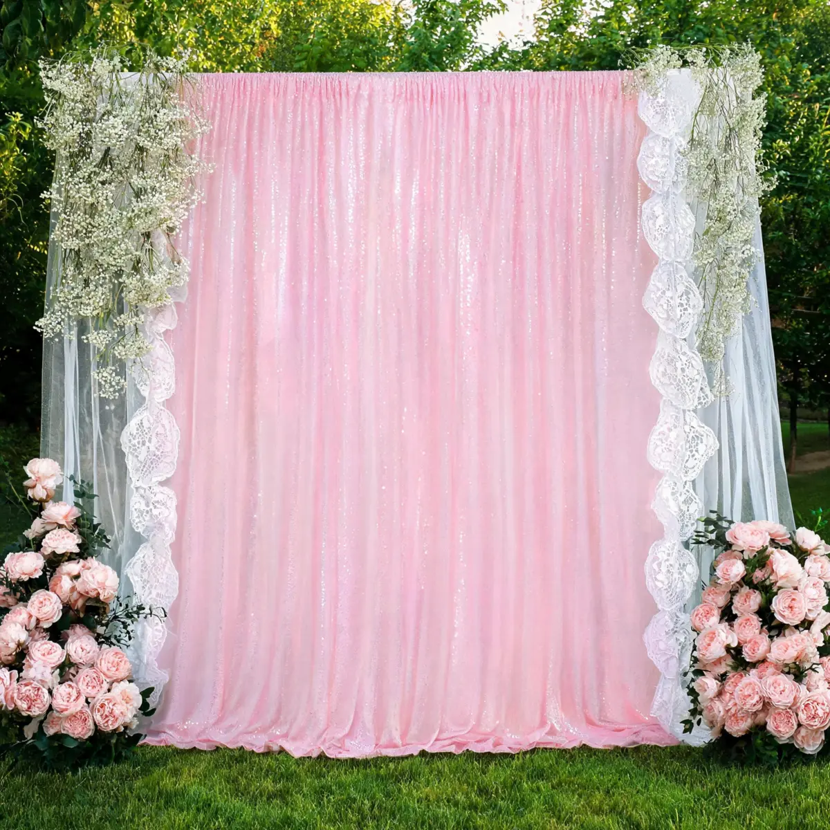 Pink Sequin Backdrop Curtain 1 Panel 7ft x 7ft Pink Glitter Background for Wedding Reception Birthday Halloween Christmas Party Decor