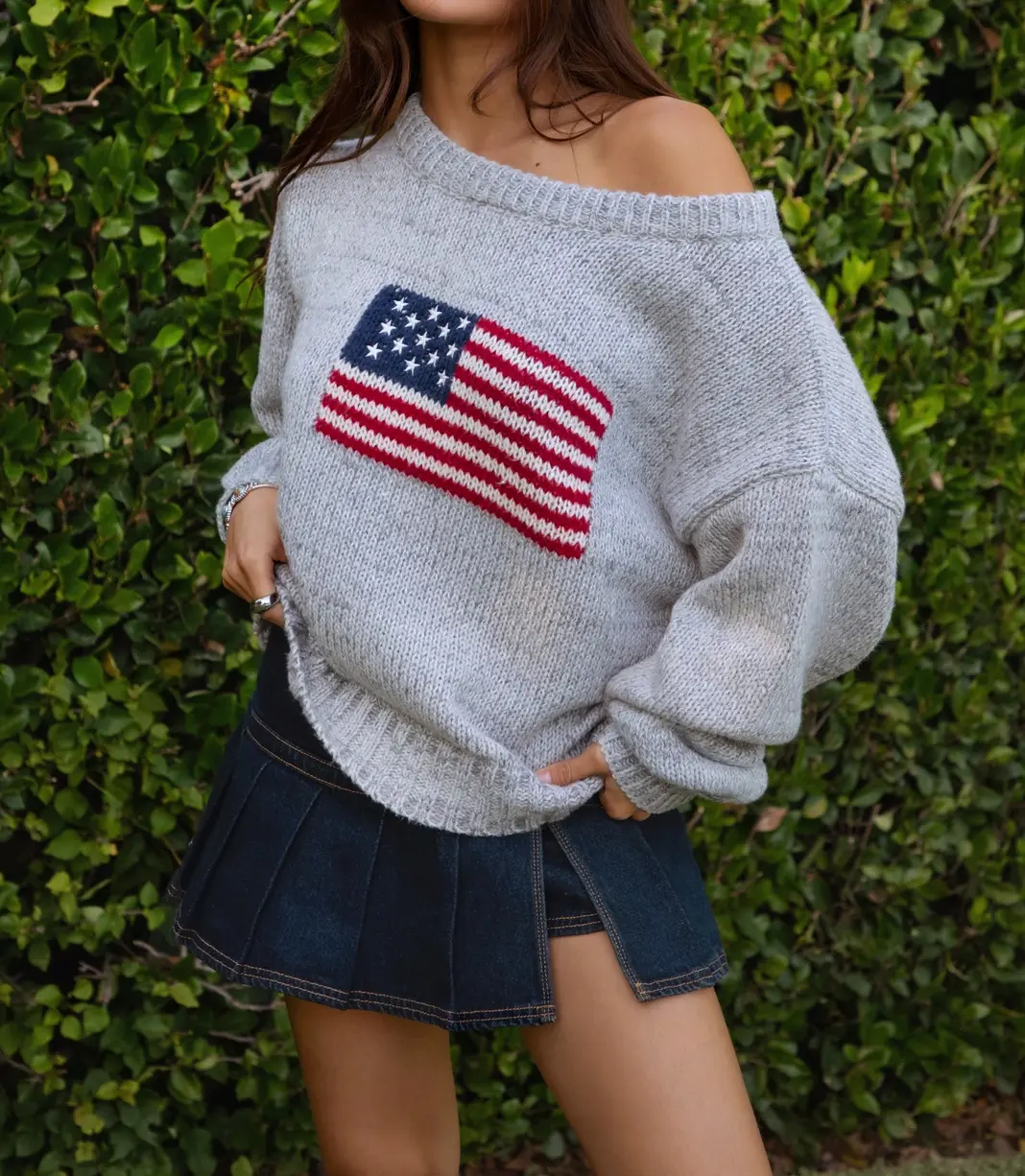American Flag Knit Off The Shoulder Sweater