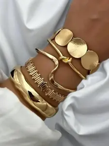 5 Piece Vintage Bold Geometric Wide Metal Bangle Set, Unique Daily Wear Gift for Women, Elegant Jewelry Accessory, Stackable Bracelets