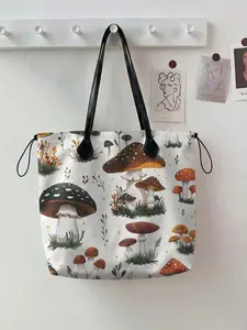 Mushroom Pattern Drawstring Tote Bag, Large Capacity Shopping Bag, Durable and Wear-Resistant, Random Print, Suitable for Work, Shopping, Picnic, Versatile Use, Reusable Bag