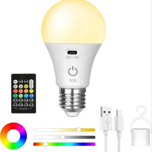Rechargeable LED Light Bulb with Remote Control, E27 RGB Smart Bulb with Three Color Modes, Adjustable Brightness and Timer Feature, Dimmable Bulbs