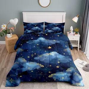 Night Sky Comforter Set,Trippy Starry Galaxy Bedding Set,Ombre Blue Cloud Bedding Home Decor Navy Blue Comforter,Quilted Duvet Set