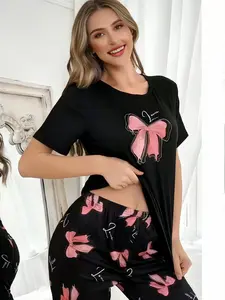 Women's Knitted Fabric Sleepwear Set Loungewear, Bow Tie Design, Short Sleeve Long Pants, Comfortable Home Wear, Sizes M to Xxl