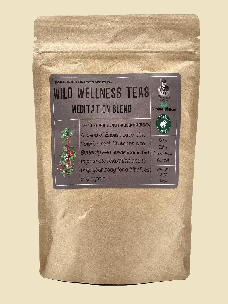 Wild Wellness Teas - Meditation Blend - English Lavender, Valerian root, Skullcaps, and Butterfly Pea flowers --- For Calm Control and Relaxation --- 2 oz Loose Leaf Tea (30 cups)-Small Batch-Crafted & Collaborated by MMPCo., Garden Marcus, and Lost Pines