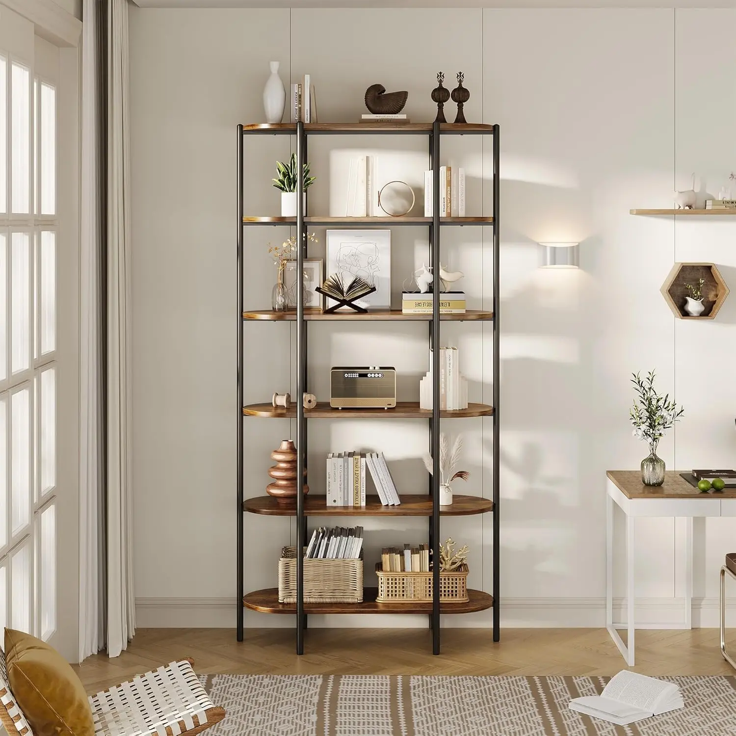 6 Tier Tall Bookshelf, Industrial Bookshelves Oval Vintage Bookshelf Metal Frame Unique Display Shelf Storage for Home Office Living Room Bedroom Bathroom