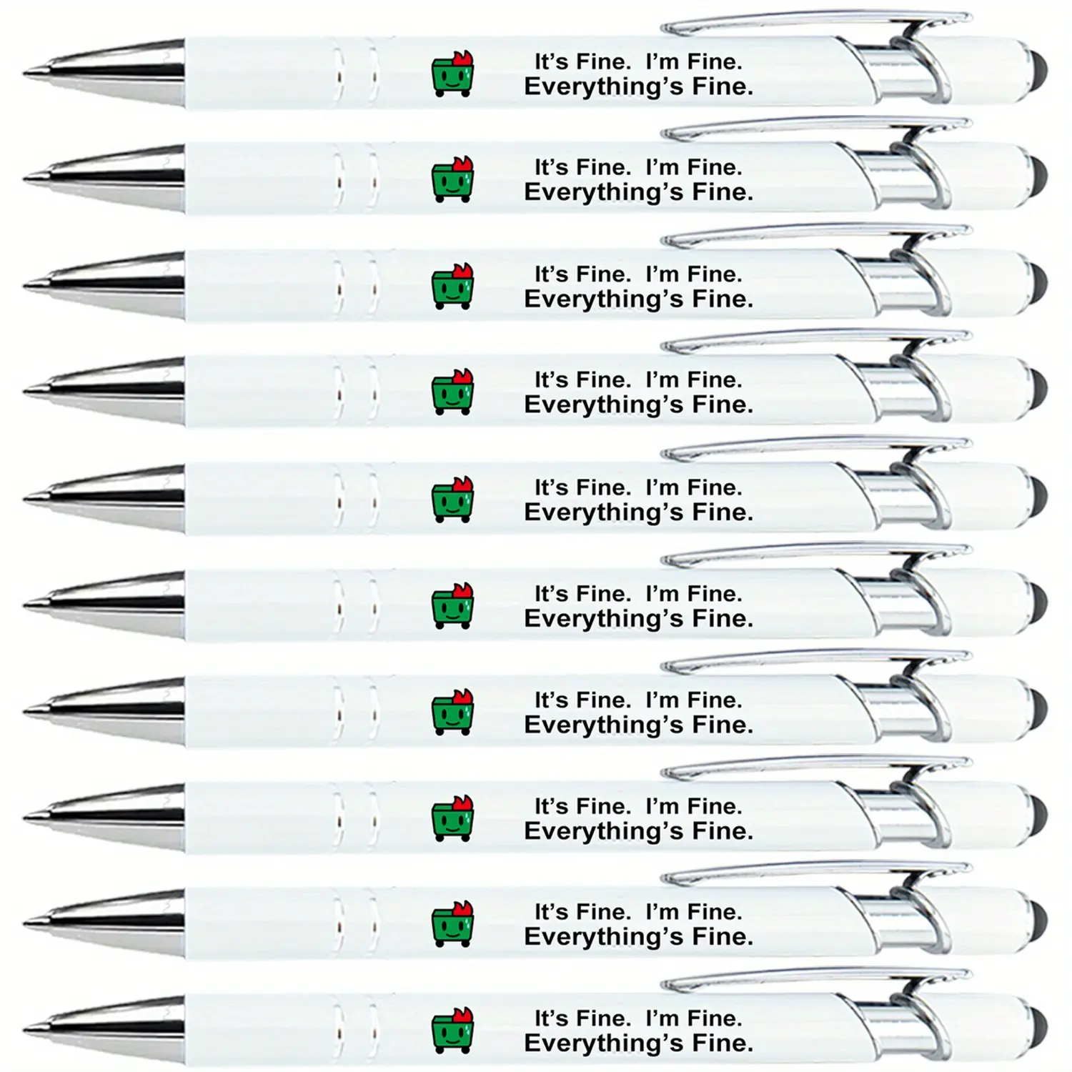 10/30/50-PACK Dumpster Fire Funny Ballpoint Pens Writing Pens Funny Teacher Pens - "It'S Fine. I'm Fine. Everything'S Fine" Black Ink, Touchscreen Stylus Tip, Humorous Desk Accessory for Social Workers, Coworkers, Emotional Support Appreciation Gifts