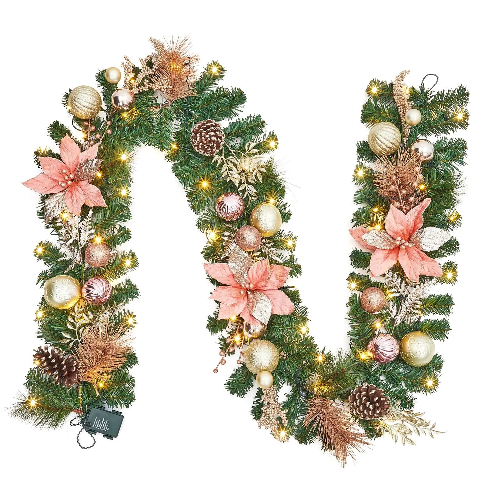 Garvee 9 Ft Battery-Operated Prelit Christmas Garland with 40 LED Twinkle Lights, Ornament Mix, Ball Ornaments, Poinsettias for Fireplace, TV Stand Holiday Decor (Dry Battery Power, Lighted Holiday Displays), Christmas Decor