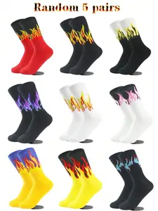 Colorful Flame Mid-Calf Socks, Socks Men, Flame Pattern, Casual Stylish Socks, Versatile Breathable, 5 Pairs Random Pack, Comfortable and Stylish Footwear