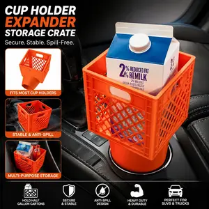 Half Gallon Milk Carton Cup Holder Expander for Car, Anti-Spill Square Carton Adapter, Classic Milk Crate Style Heavy Duty Organizer Insert for SUV, Truck, Juice & Milk Cartons