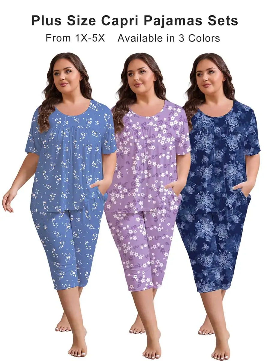 FEREMO Plus Size Floral Pajama Set for Women – Soft Breathable Loungewear with Pockets, Short Sleeve Top & Capri Pants Comfy Sleepwear,Comfy Pajamas for Lounging at Home