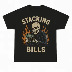 Stacking Bills Shirt | Funny Hustle Money Graphic Tee | Retro Skull Streetwear T Shirt | Hip Hop Rap Aesthetic Outfit | Viral TikTok Meme Tee with Flames & Cash Design