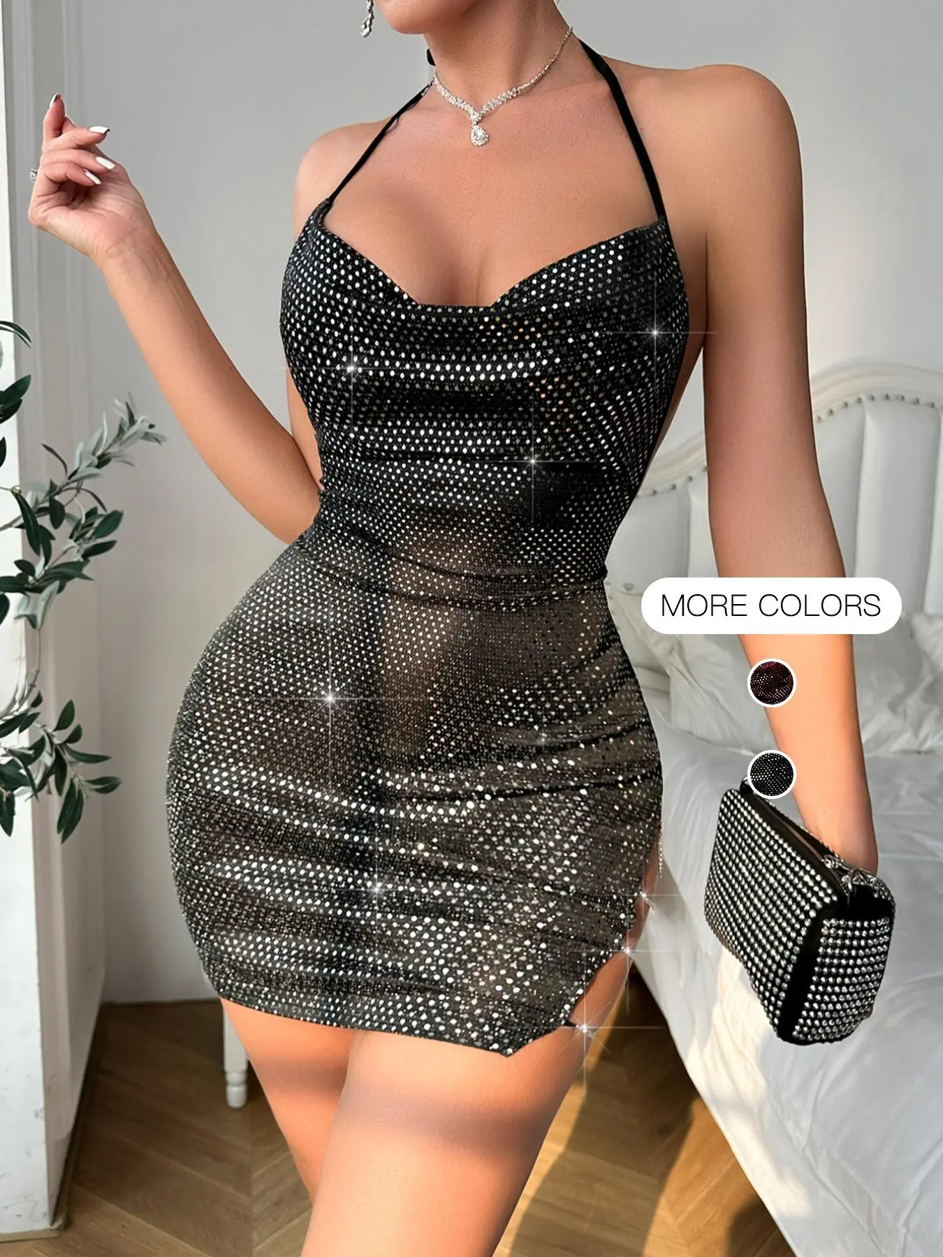 Women's Glitter Chain Decor Backless Split Thigh Cami Dress, Elegant Halter Neck Tie Back Mini Dress for Party Club Dating Wear, Ladies Summer Bodycon Dress