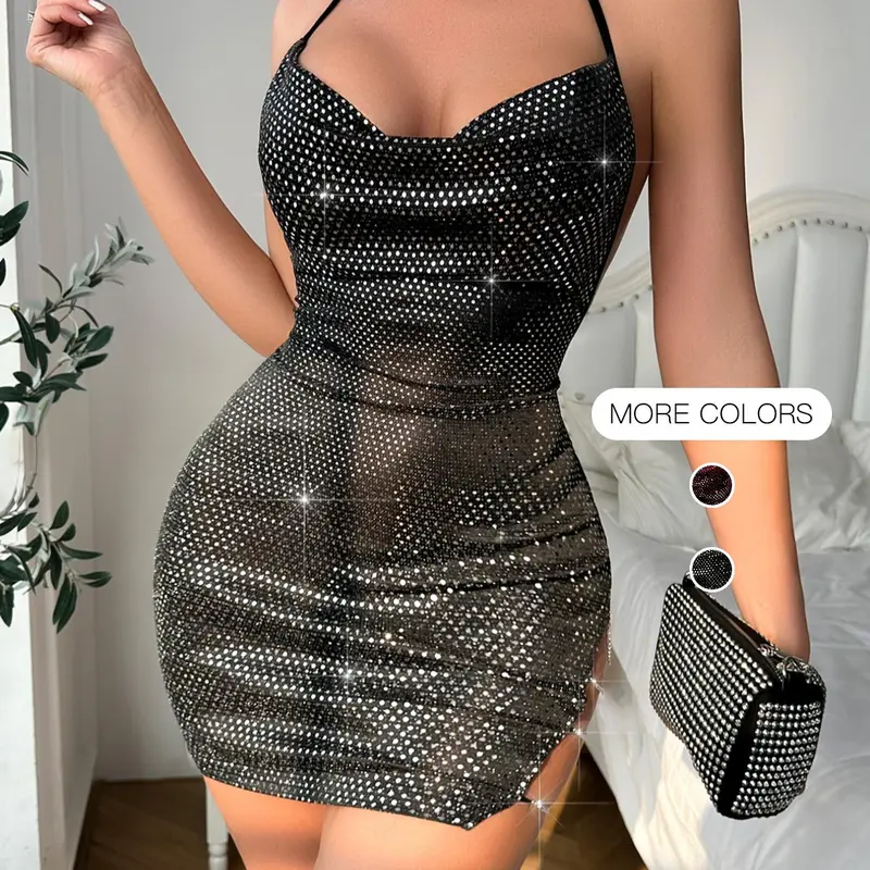 Women's Glitter Chain Decor Backless Split Thigh Cami Dress, Elegant Halter Neck Tie Back Mini Dress for Party Club Dating Wear, Ladies Summer Bodycon Dress