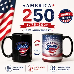 15oz Ceramic America 250th Anniversary Heat-Sensitive Color Changing Magic Mug, Patriotic Heart Flag Drinkware, 1776-2026 Commemorative Gift