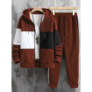 Men's Clothing, Contrast Color Long Sleeves Zip Hooded Jacket and Drawstring Pants Two-Piece Set