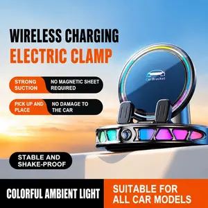 60° Rotating Wireless Charging Car Phone Mount with RGB Ambient Light — Ultra-Stable Suction Cup, Auto-Locking, Dashboard and Windshield, Compatible iPhone and Android