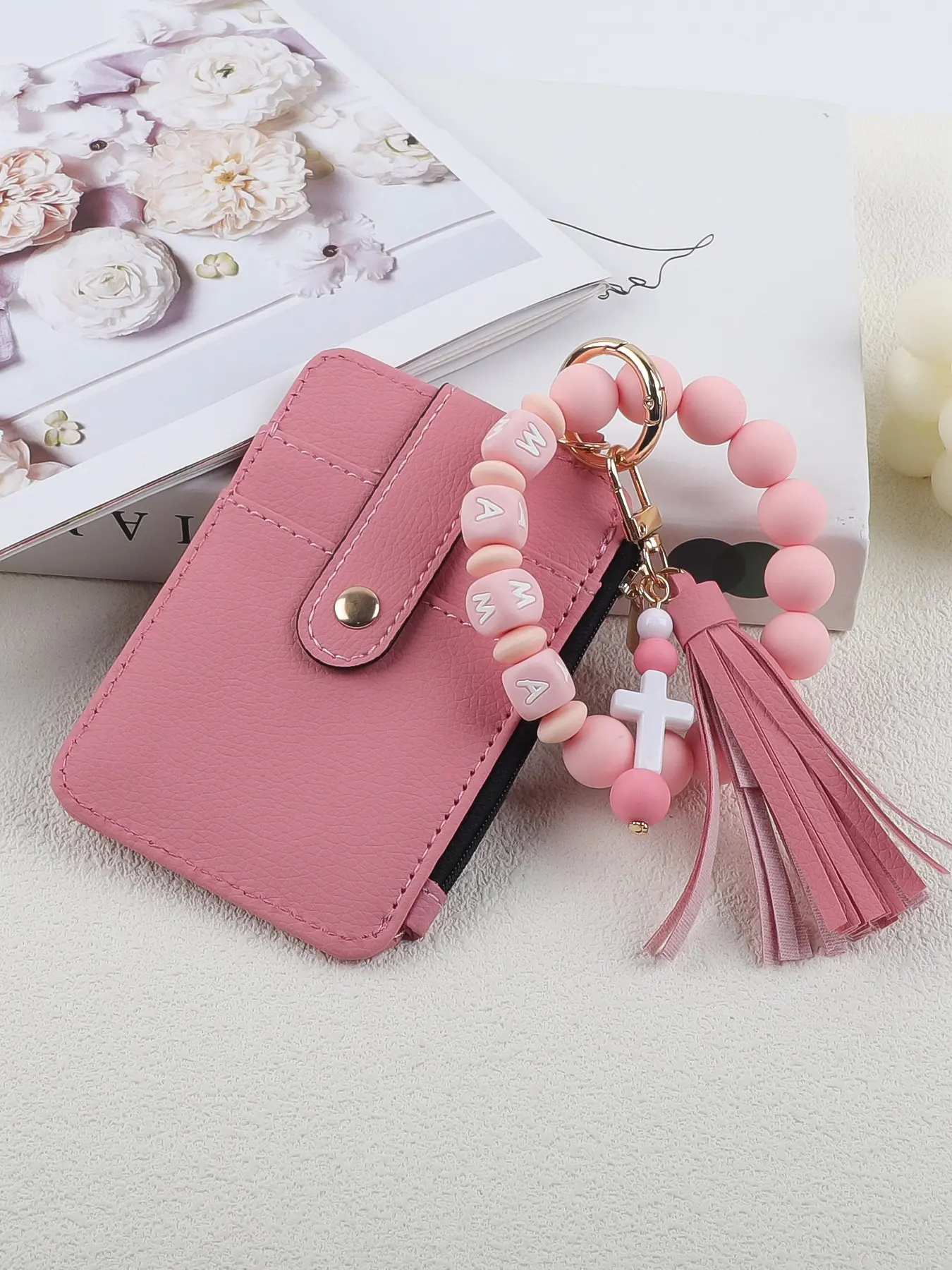 1 pcs of cross pendant handmade bead card bag, coin purse, wrist, women's key ring, Stylish Keyring, multi-purpose convenient storage, anti loss key chain, gift for mother's holiday, Stylish Keychain