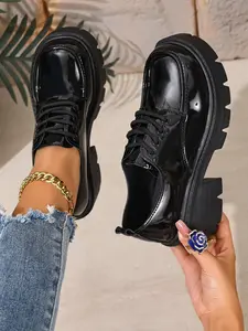 British Style Thick Sole Lace-Up Small Leather Shoes for Women, Loafers, Walking Shoes, All Seasons, PU Upper, Rubber Sole, Plain Pattern