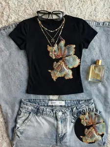 Women's Vintage Floral Embroidered Crop T-Shirt, Sequin Hibiscus Design Slim Fit Short Sleeve Top, Trendy Casual Streetwear Summer Outfit Top