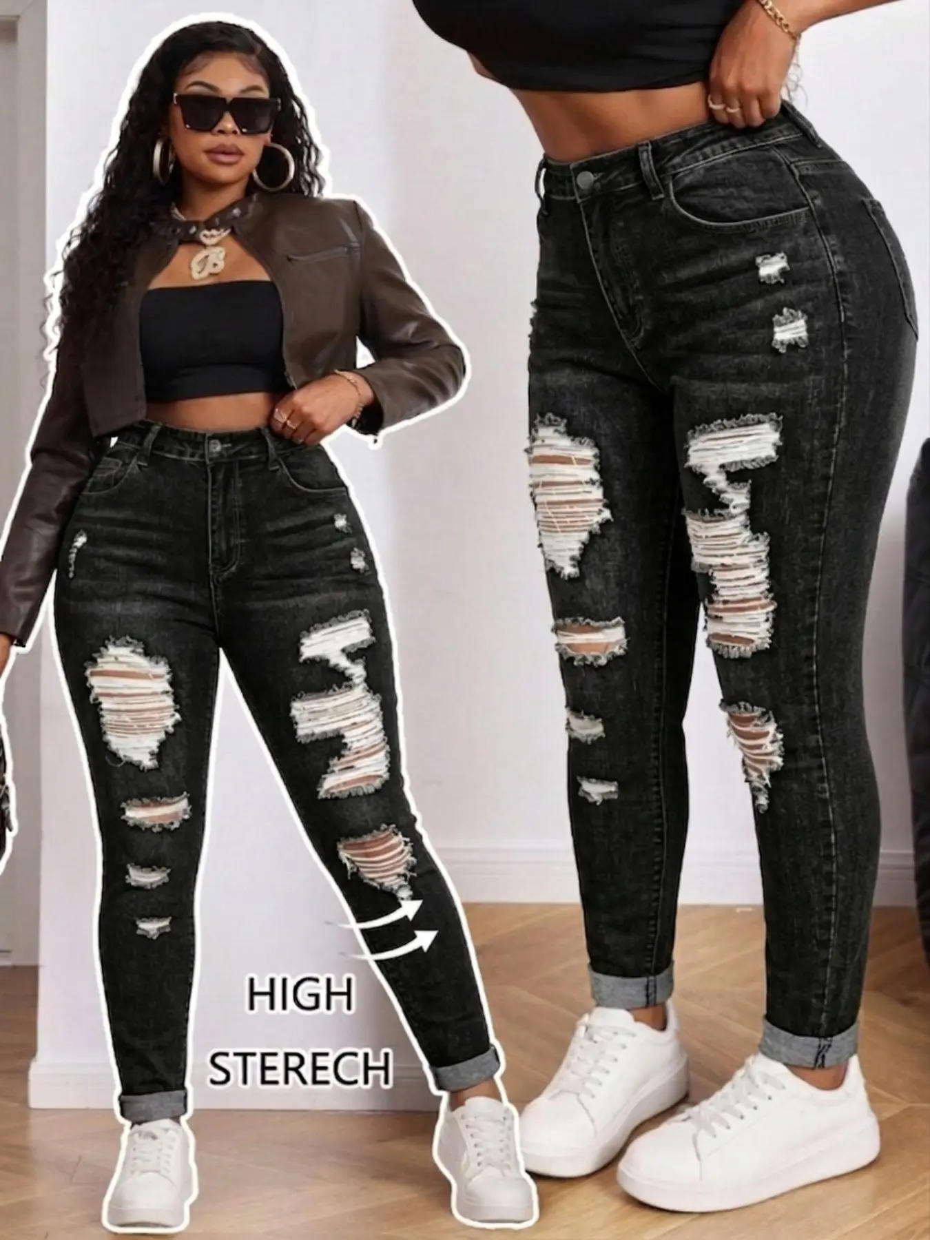 Women's Plus Size Denim Long Pants, High Stretch High Waist Skinny Fit Jeans, High Waisted Denim, Fitted Stretch Denim, Button, Ripped Design, Y2K Style, Streetwear, Casual Fashion, Suitable for Spring Summer All Seasons, Womenswear