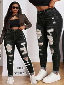 Women's Plus Size Denim Long Pants, High Stretch Skinny Fit Jeans, Button, Ripped Design, Y2K Style, Streetwear, Casual Fashion Elegant, Suitable for Spring Summer All Seasons