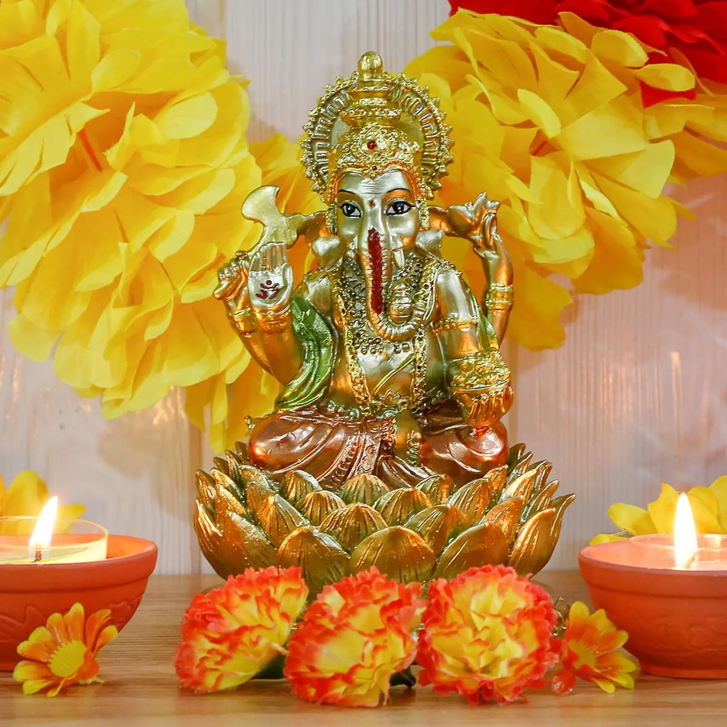 alikiki Painted Hindu God Lord Ganesha Art Statue - Indian Religious Decor, Mandir Temple Pooja Item, Home Altar Yoga Meditation Room Decoration, Gifts for Indian Baby Shower or Exam/Promotion Celebrations