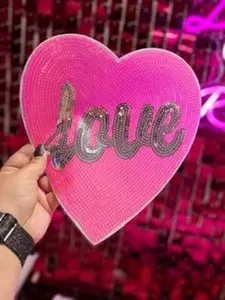 Pink Love Heart Sequins Iron On Patch