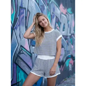 Women Summer 2 Piece Lounge Sets Striped Short Sleeve Tee Shirts Mini Shorts Loungewear Shorts Set Ribbed Pajama Set
