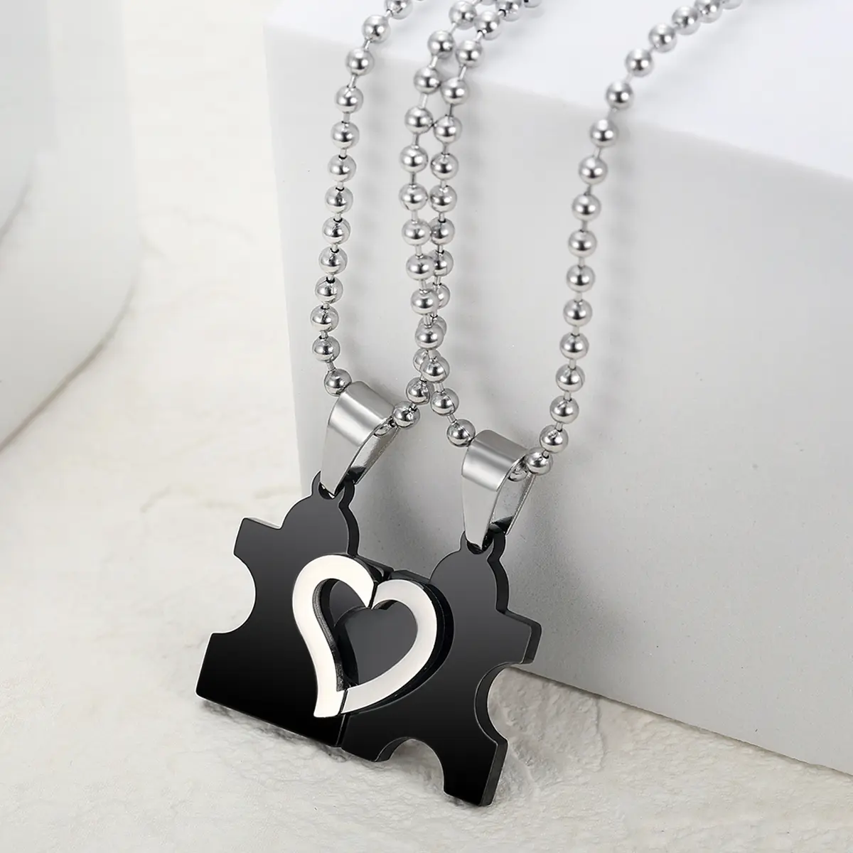 Unisex Black Heart-Shaped Puzzle Pendant Stainless Steel Necklace - Dainty Daily Wear Chain Jewelry Necklaces, Modern Fashion Costume Jewelry Accessory, Fashion Modern Accessories, Casual