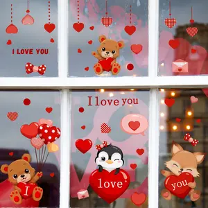 A set of three Valentine's Day cute bear love heart English "I love you" glass stickers, double-sided visible, for bathroom and shower glass decoration, self-adhesive, CT7013