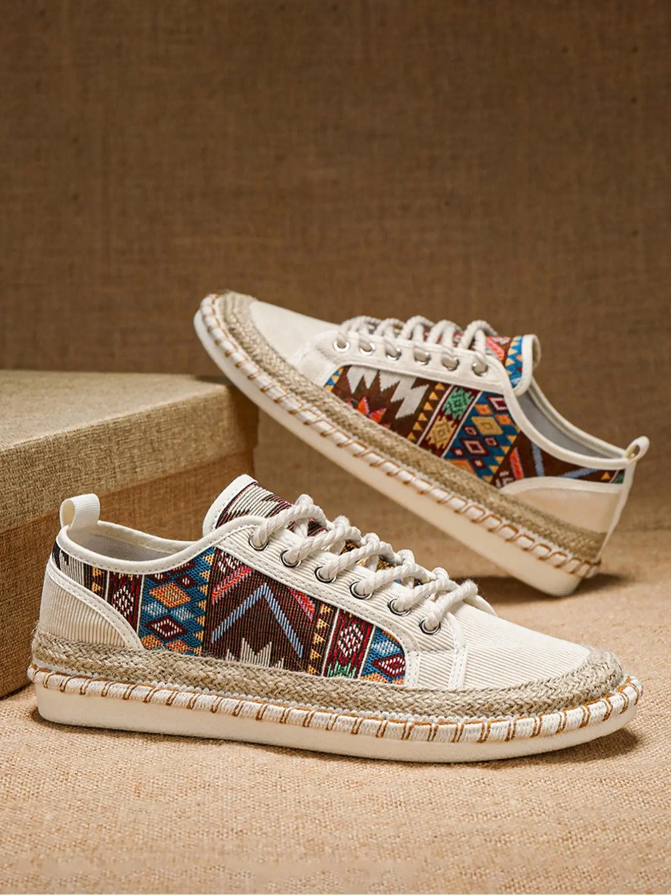 Elastic One-Step Lace-Up Ethnic Style Casual Athletic Sneakers, Soft Anti-Slip Flat Textile Shoes, Lightweight Low Top Sports Shoes for Daily Wear, Walking Shoes, Footwear