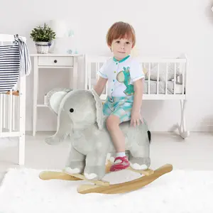 Gray Plush Kids Rocking Animal Elephant Rocker Ride On Toy with Realistic Built In Animal Sounds Anti Tip Solid Base Grip Handles Soft PP Cotton Fill for 2 to 4 Years Old Children Bedroom Independent Play