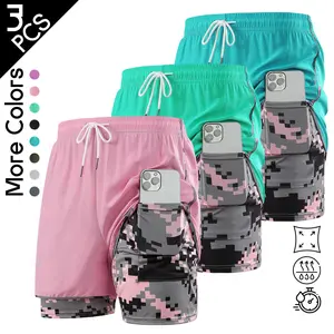 3PCS Pack Women's Double Layer Shorts, Anti-Chafe Workout Shorts with Built-in Compression Liner & Phone Pocket, High Waisted Athletic Shorts