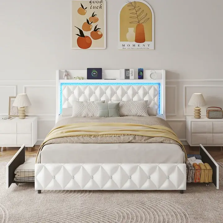Queen /Full/Twin Bed Frame with LED Lights & Charging Station, Upholstered Bed Frame Full Size with Storage Headboard & 2 Drawers, Diamond Tufted, Curved Wingback, PU Leather, No Box Spring Needed, White/Pink