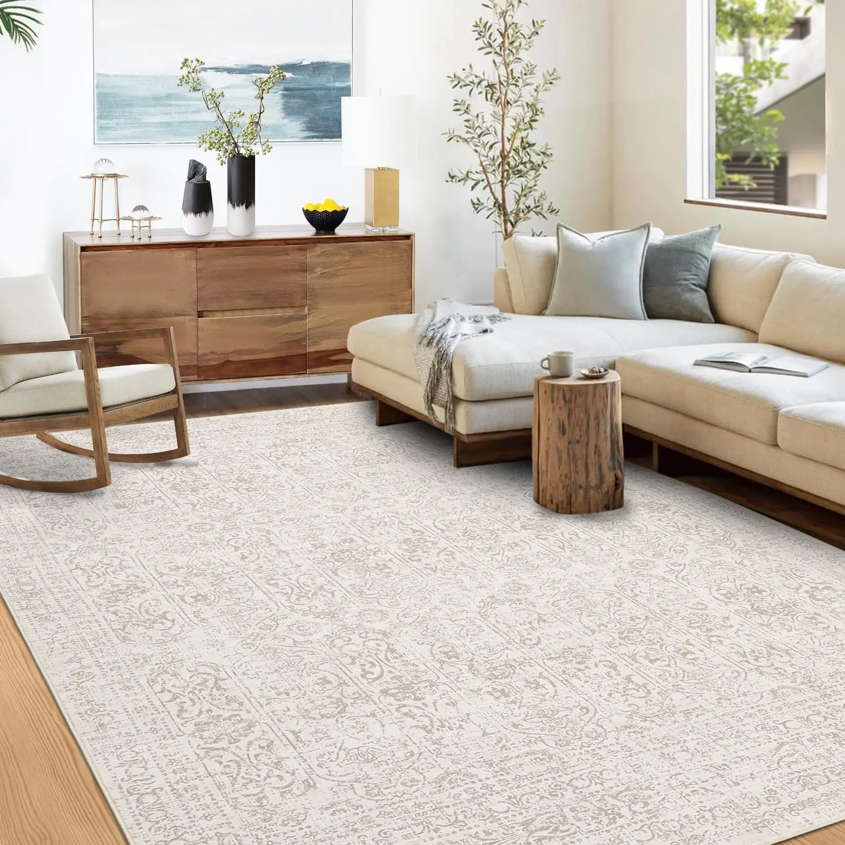 9x12 Large Washable Area Rug, Non-Slip Backing, Non-Shedding Oriental Distressed Carpet, Traditional Floral Design for Living Room & Bedroom (Beige)