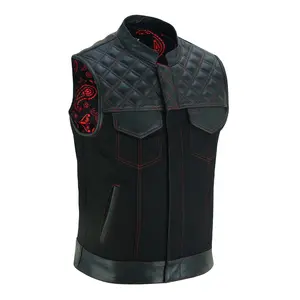 Men’s Black Leather & Denim Motorcycle Vest – Diamond Quilted Red Stitch Biker Vest with Collar, Dual Zipper Snap Closure & Concealed Carry Pockets