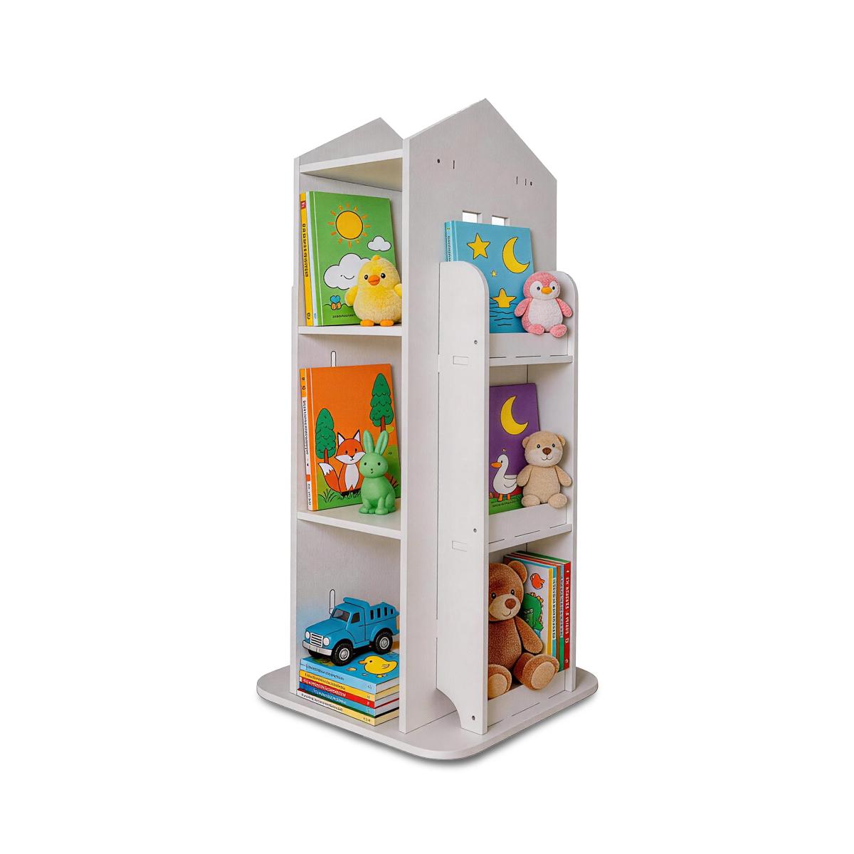 White 4-Tier PVC Corner Shelf System - 360-Degree Rotating Floor-Standing Bookshelf Tower, Space Saving Layered Multi-Shelf Living Room Furniture, Kids Book Organizer for Bedroom Small Spaces