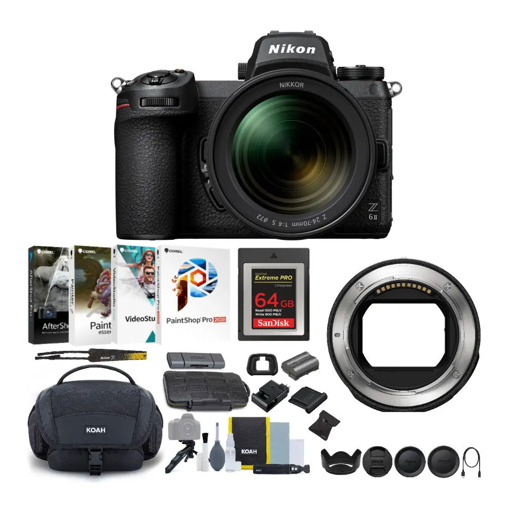 Nikon Z 6II FX-Format Mirrorless with 24-70 Lens, FTZ II Mount Adapter, 64CFX, & Shoulder Bag Bundle, Camera, Gadget