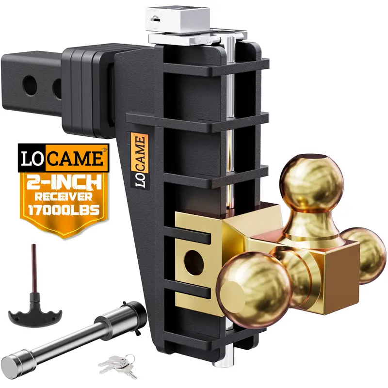 Adjustable Trailer Hitch, Tri-Ball(1-7/8'', 2'', 2-5/16''), Fits 2.5 Inch Receiver, （6-8） Inch Drop Hitch, 18,500 LBS GTW, Heavy Duty Trailer Hitch for Truck, Gold,