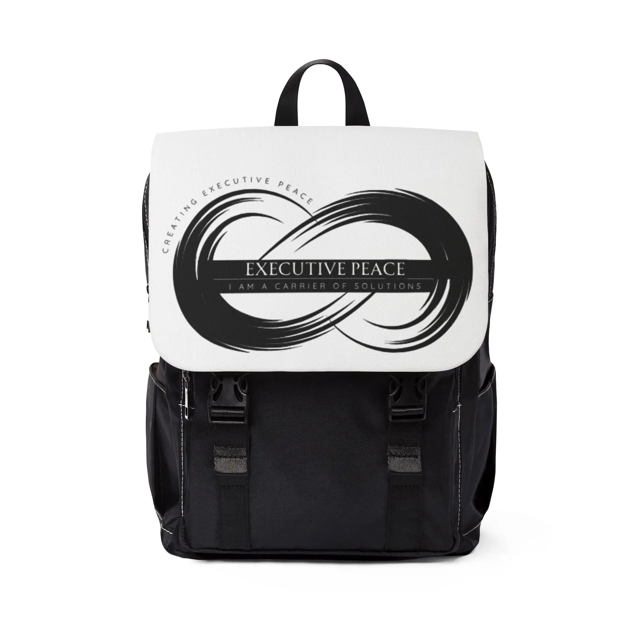 Executive Peace Infinity Backpack - Black & White, Bold Logo, Buckle Detail, Emblem Design, Bold Emblem, Adjustable Shoulder Strap Casual Functional Backpack, Bold Logo Backpacks, Buckle Detail Backpacks