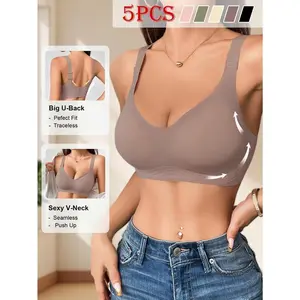 5-Pack Women'S Wireless Jelly Bras, Mature Style, Solid Color, Comfortable Breathable Knit Fabric, T-Shirt Bra with Removable Pads, Adjustable Straps, U-Back Design for Daily Wear（gift）