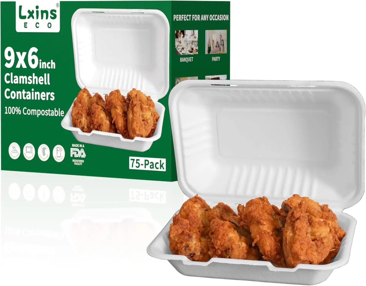 9x6 Inch Heavy Duty Clamshell Take Out Containers 【75 Pack】, Compostable Bagasse Food Boxes with Lids, Disposable To-Go Containers for Lunch, Salad, Meal Prep